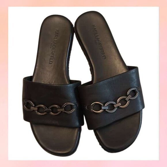 Karl Lagerfeld Paris Black Leather Chain Slide Sandal Size 35 - Picture 1 of 8
